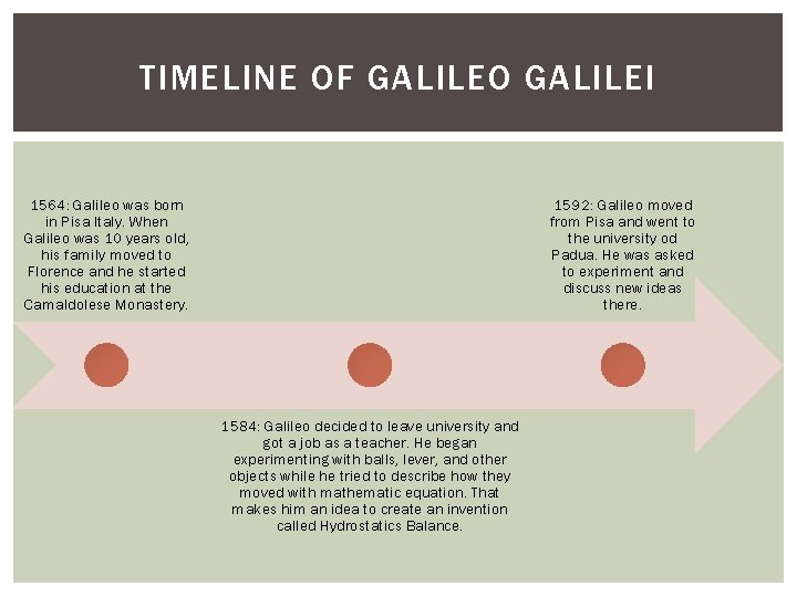 TIMELINE OF GALILEO GALILEI 1564: Galileo was born in Pisa Italy. When Galileo was