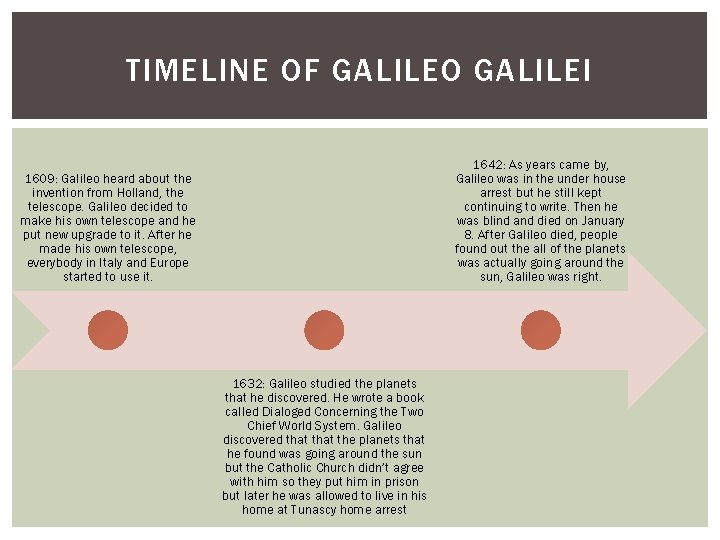 TIMELINE OF GALILEO GALILEI 1642: As years came by, Galileo was in the under