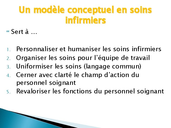 Un modèle conceptuel en soins infirmiers 1. 2. 3. 4. 5. Sert à …