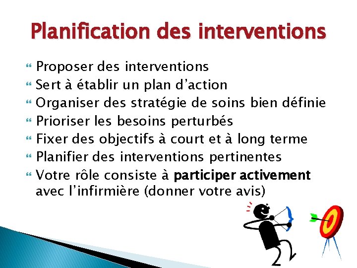 Planification des interventions Proposer des interventions Sert à établir un plan d’action Organiser des