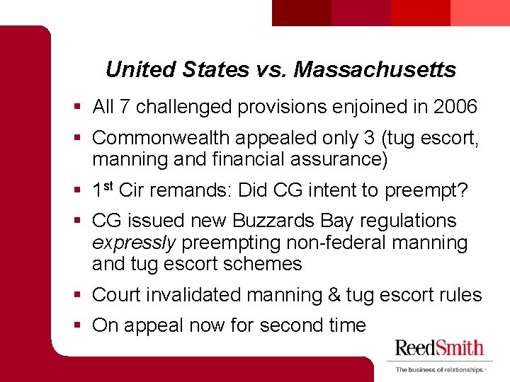 United States vs. Massachusetts § All 7 challenged provisions enjoined in 2006 § Commonwealth United States vs. Massachusetts § All 7 challenged provisions enjoined in 2006 § Commonwealth
