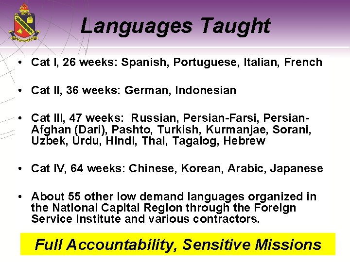 Languages Taught • Cat I, 26 weeks: Spanish, Portuguese, Italian, French • Cat II,
