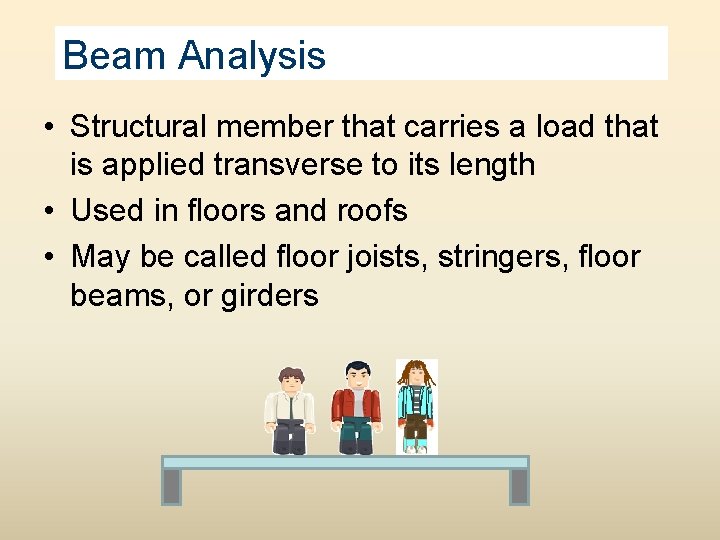 Beam Analysis • Structural member that carries a load that is applied transverse to