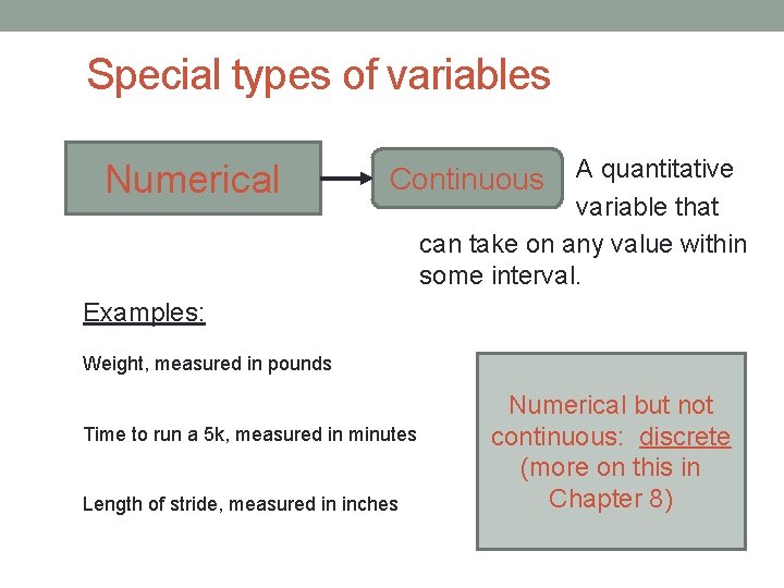 Special types of variables Numerical A quantitative variable that can take on any value