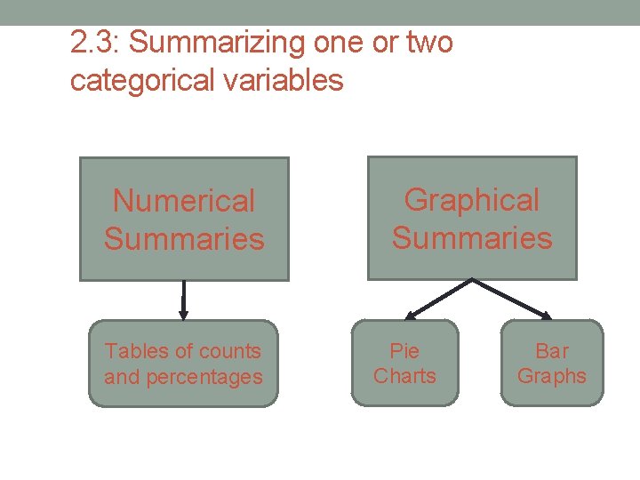 2. 3: Summarizing one or two categorical variables Numerical Summaries Tables of counts and