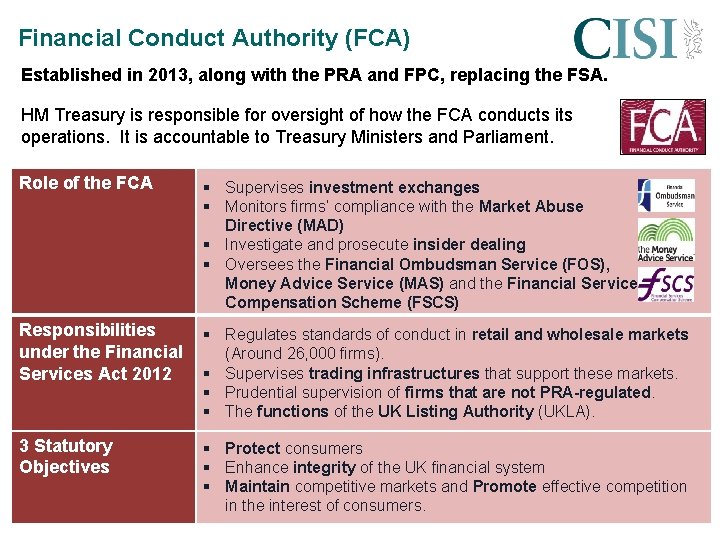 Financial Conduct Authority (FCA) Established in 2013, along with the PRA and FPC, replacing