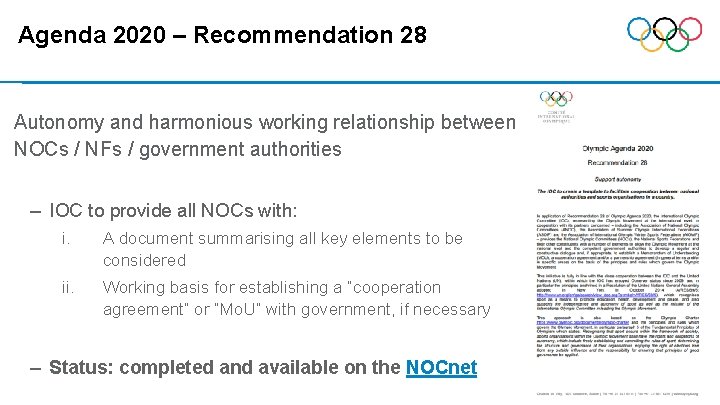 Agenda 2020 – Recommendation 28 Autonomy and harmonious working relationship between NOCs / NFs