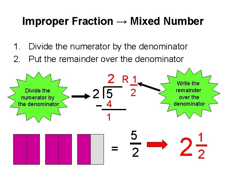 Improper Fraction → Mixed Number 1. Divide the numerator by the denominator 2. Put