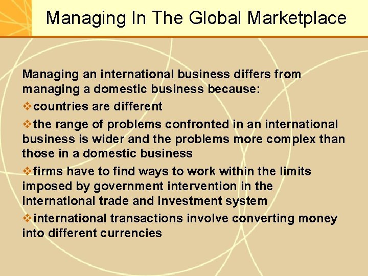Managing In The Global Marketplace Managing an international business differs from managing a domestic