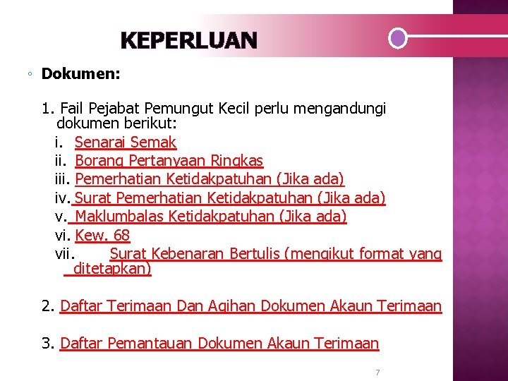 KEPERLUAN ◦ Dokumen: 1. Fail Pejabat Pemungut Kecil perlu mengandungi dokumen berikut: i. Senarai