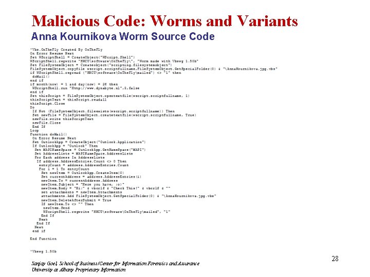 Malicious Code: Worms and Variants Anna Kournikova Worm Source Code Sanjay Goel, School of