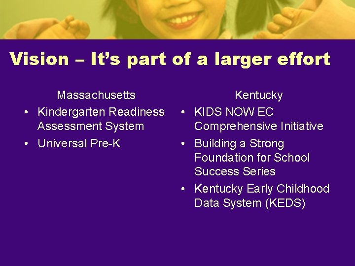 Vision – It’s part of a larger effort Massachusetts • Kindergarten Readiness Assessment System