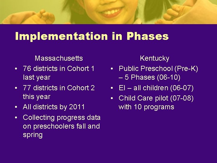 Implementation in Phases • • Massachusetts 76 districts in Cohort 1 last year 77