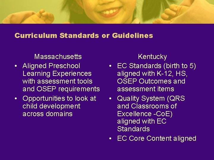 Curriculum Standards or Guidelines Massachusetts • Aligned Preschool Learning Experiences with assessment tools and