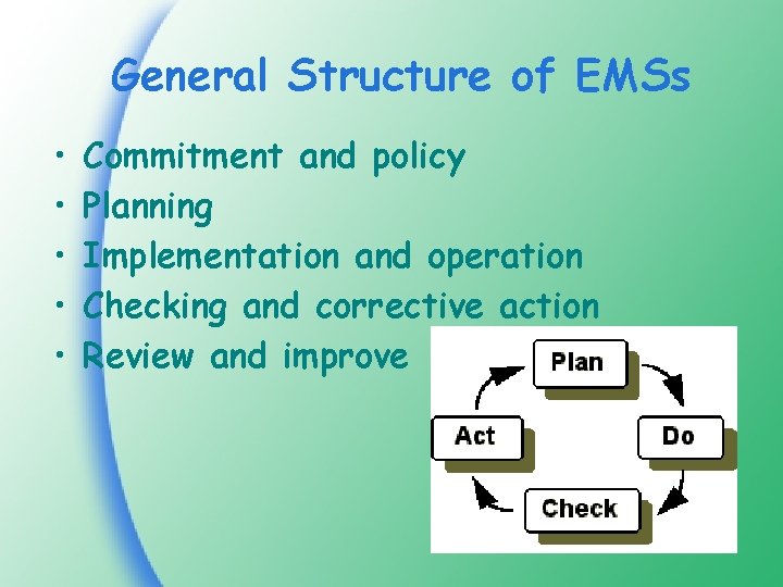 General Structure of EMSs • • • Commitment and policy Planning Implementation and operation