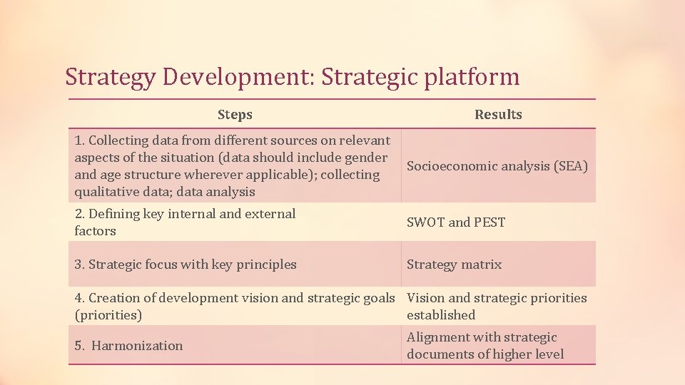 Strategy Development: Strategic platform Steps Results 1. Collecting data from different sources on relevant