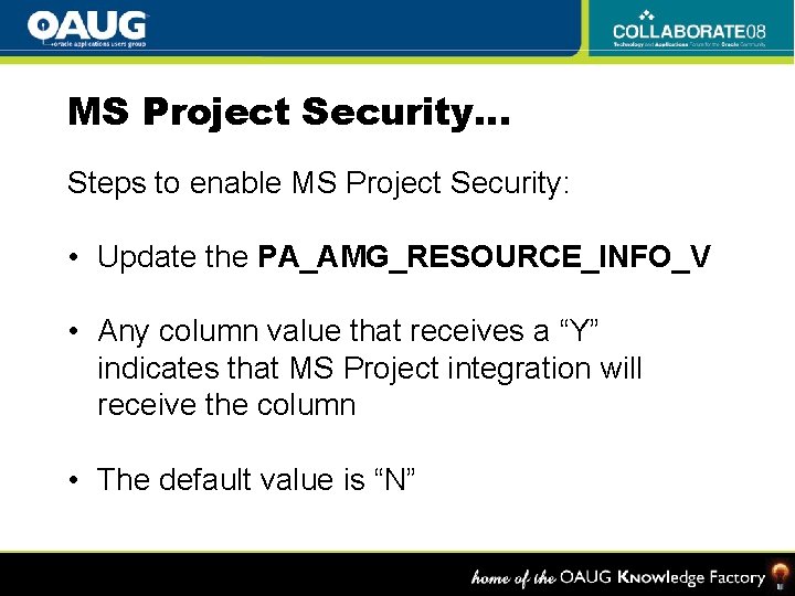 MS Project Security… Steps to enable MS Project Security: • Update the PA_AMG_RESOURCE_INFO_V •