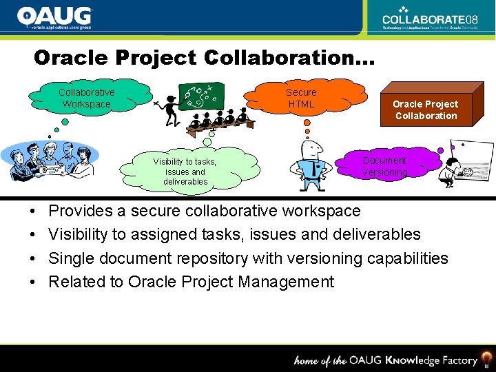 Oracle Project Collaboration… Collaborative Workspace Secure HTML Visibility to tasks, issues and deliverables •