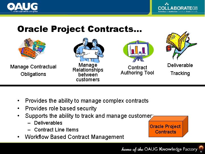 Oracle Project Contracts… Manage Contractual Obligations Manage Relationships between customers Contract Authoring Tool Deliverable