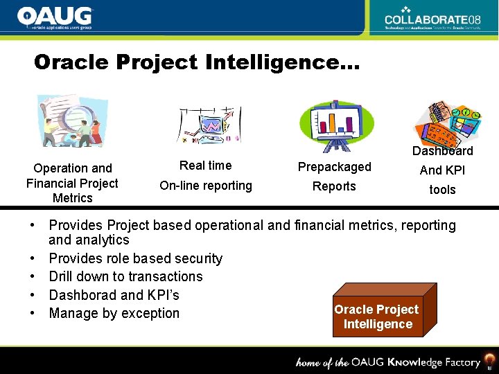 Oracle Project Intelligence… Dashboard Operation and Financial Project Metrics Real time Prepackaged And KPI