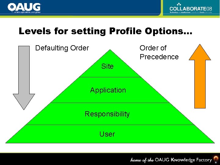 Levels for setting Profile Options… Defaulting Order of Precedence Site Application Responsibility User 