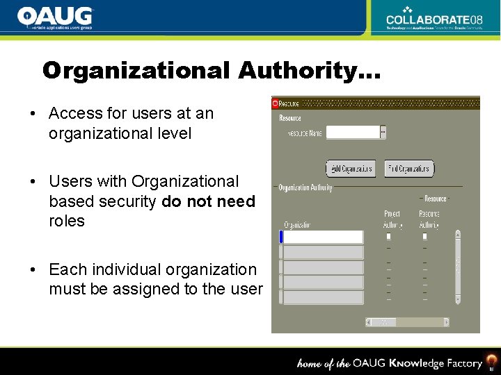 Organizational Authority… • Access for users at an organizational level • Users with Organizational