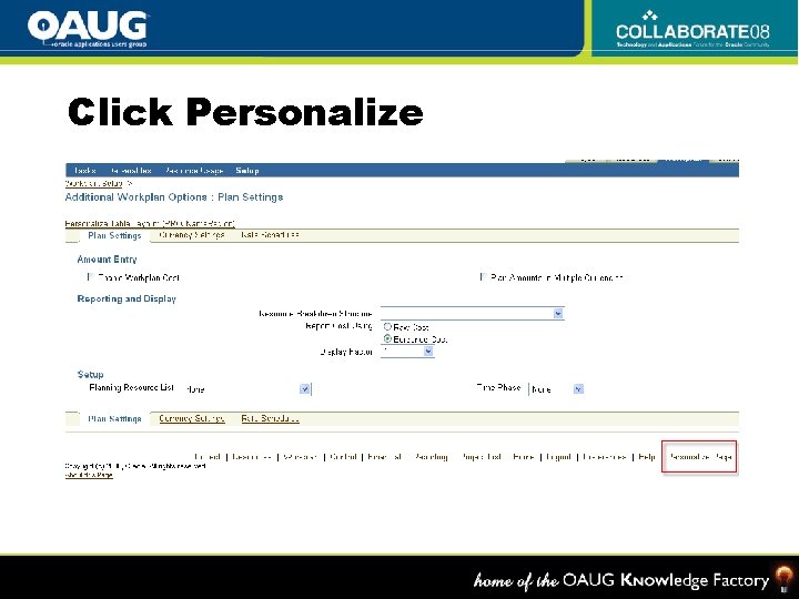 Click Personalize 