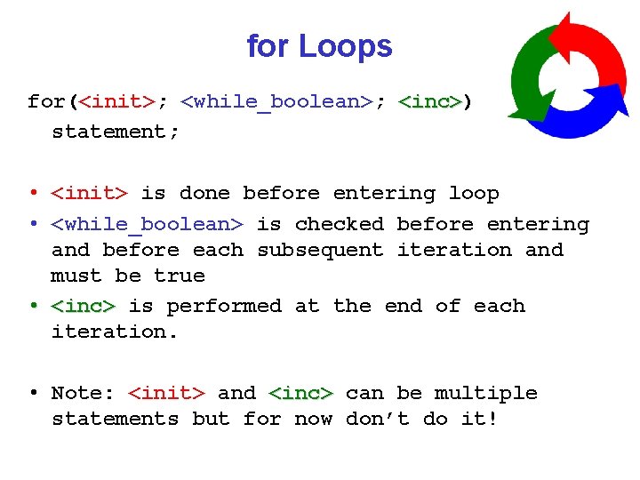 for Loops for(<init>; <while_boolean>; <inc>) statement; • <init> is done before entering loop •