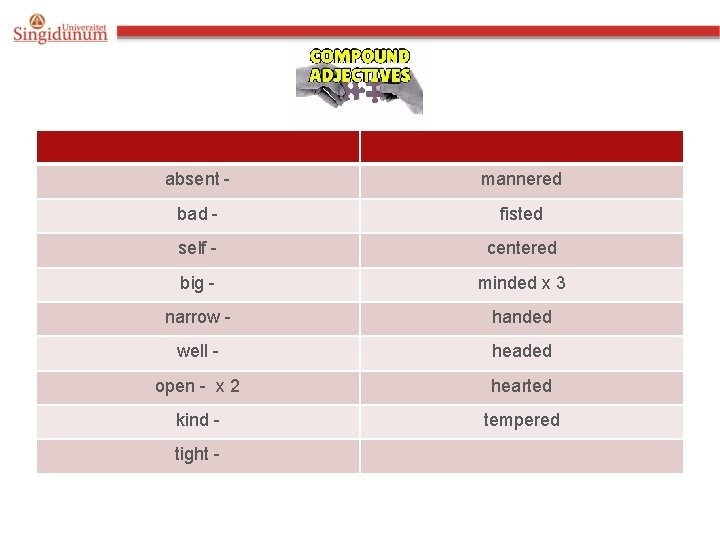 absent - mannered bad - fisted self - centered big - minded x 3