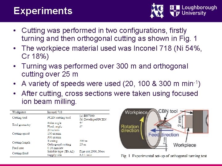 Experiments • Cutting was performed in two configurations, firstly turning and then orthogonal cutting