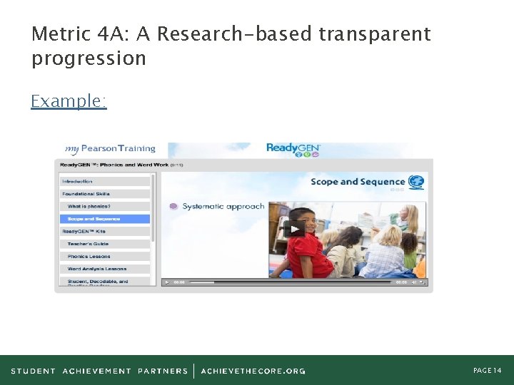 Metric 4 A: A Research-based transparent progression Example: PAGE 14 