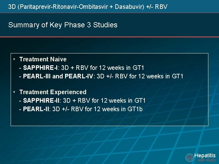  3 D (Paritaprevir-Ritonavir-Ombitasvir + Dasabuvir) +/- RBV Summary of Key Phase 3 Studies