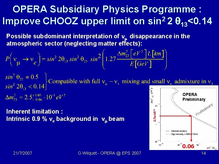 OPERA Subsidiary Physics Programme : Improve CHOOZ upper limit on sin 2 2 q