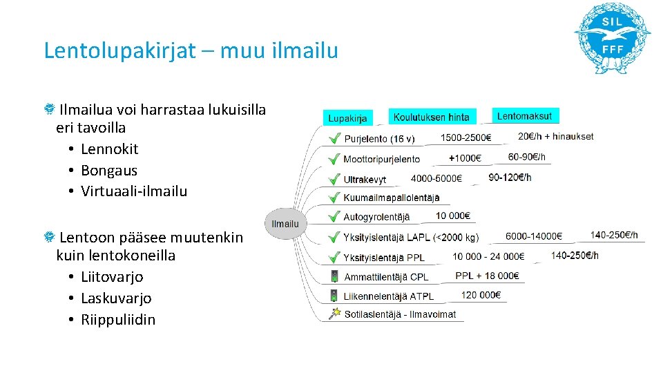 Lentolupakirjat – muu ilmailu Ilmailua voi harrastaa lukuisilla eri tavoilla • Lennokit • Bongaus