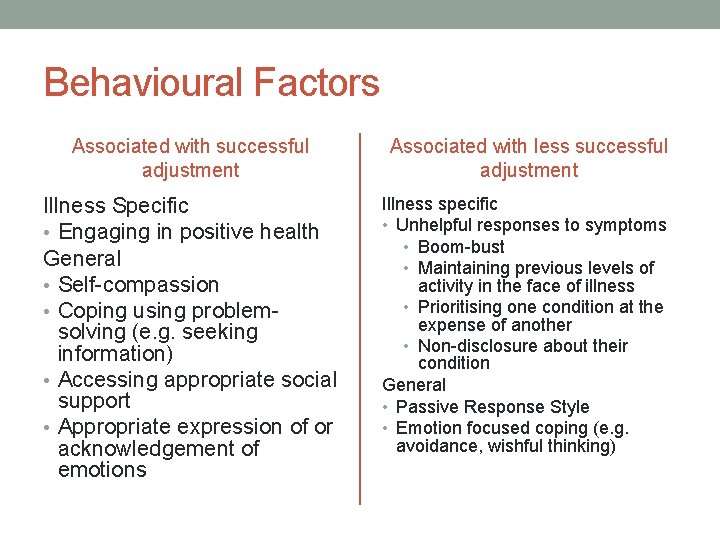 Behavioural Factors Associated with successful adjustment Illness Specific • Engaging in positive health General