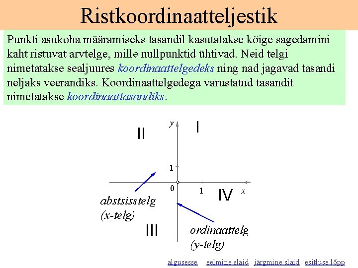 Ristkoordinaatteljestik Punkti asukoha määramiseks tasandil kasutatakse kõige sagedamini kaht ristuvat arvtelge, mille nullpunktid ühtivad.