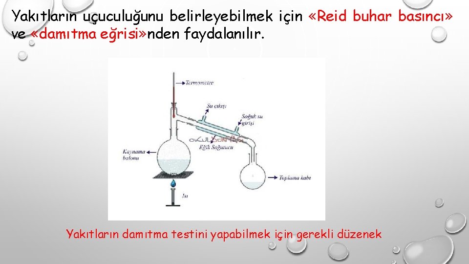 Yakıtların uçuculuğunu belirleyebilmek için «Reid buhar basıncı» ve «damıtma eğrisi» nden faydalanılır. Yakıtların damıtma