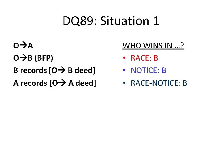 DQ 89: Situation 1 O A O B (BFP) B records [O B deed]