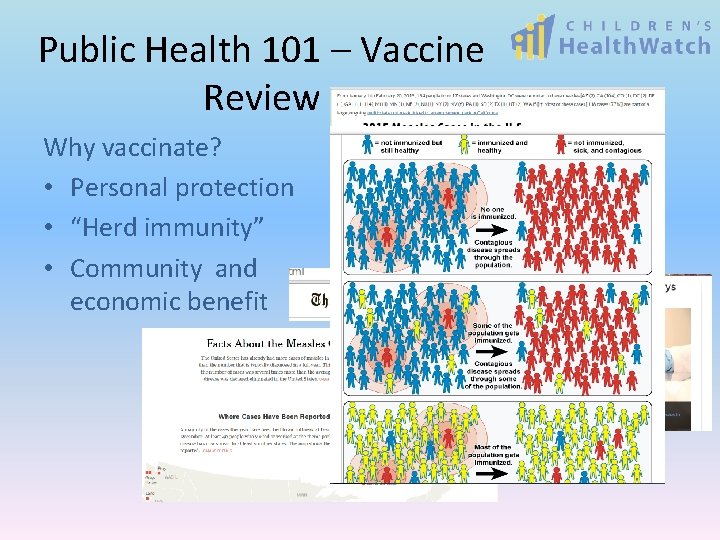 Public Health 101 – Vaccine Review Why vaccinate? • Personal protection • “Herd immunity”