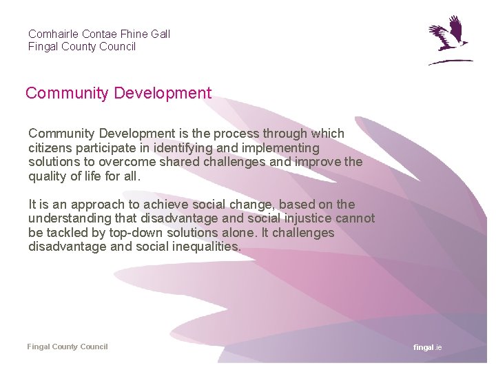 Comhairle Contae Fhine Gall Fingal County Council Community Development is the process through which