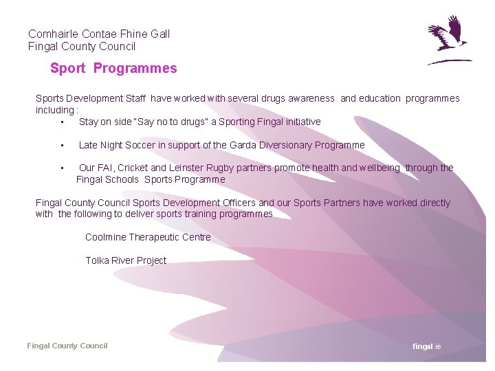 Comhairle Contae Fhine Gall Fingal County Council Sport Programmes Sports Development Staff have worked