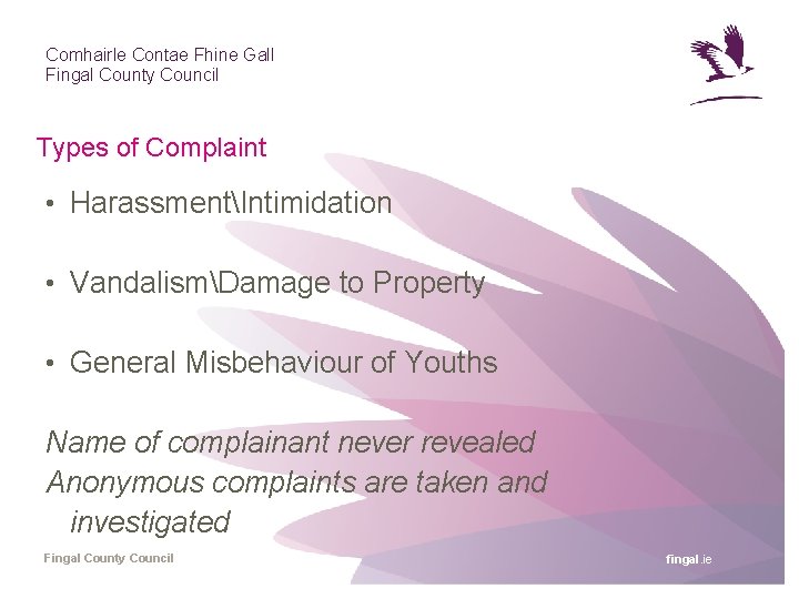 Comhairle Contae Fhine Gall Fingal County Council Types of Complaint • HarassmentIntimidation • VandalismDamage