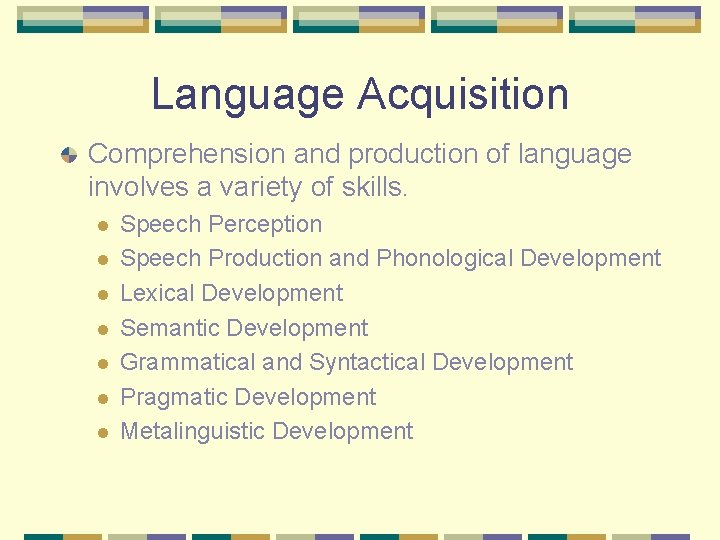 Language Acquisition Comprehension and production of language involves a variety of skills. l l