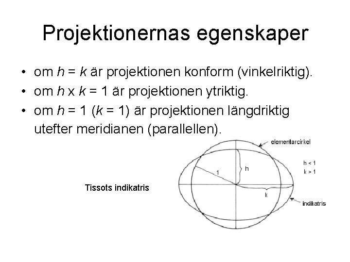Projektionernas egenskaper • om h = k är projektionen konform (vinkelriktig). • om h