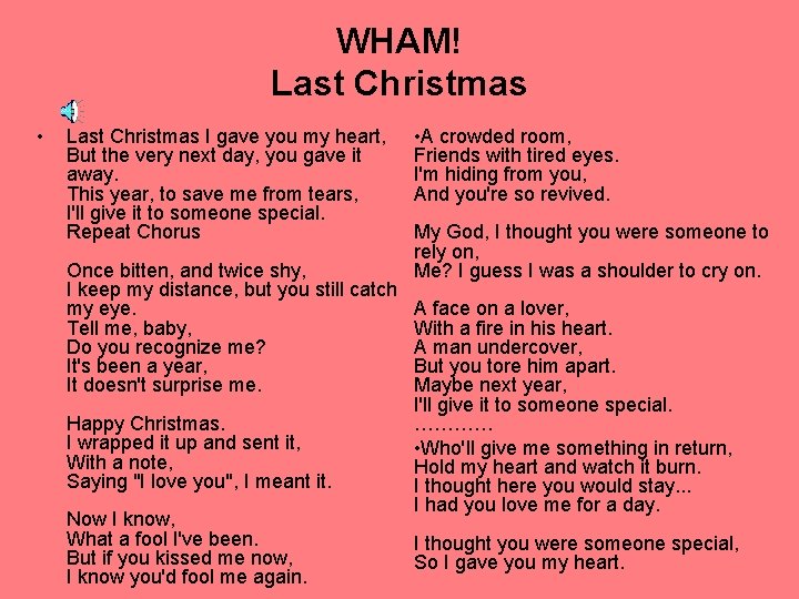 WHAM! Last Christmas • Last Christmas I gave you my heart, But the very