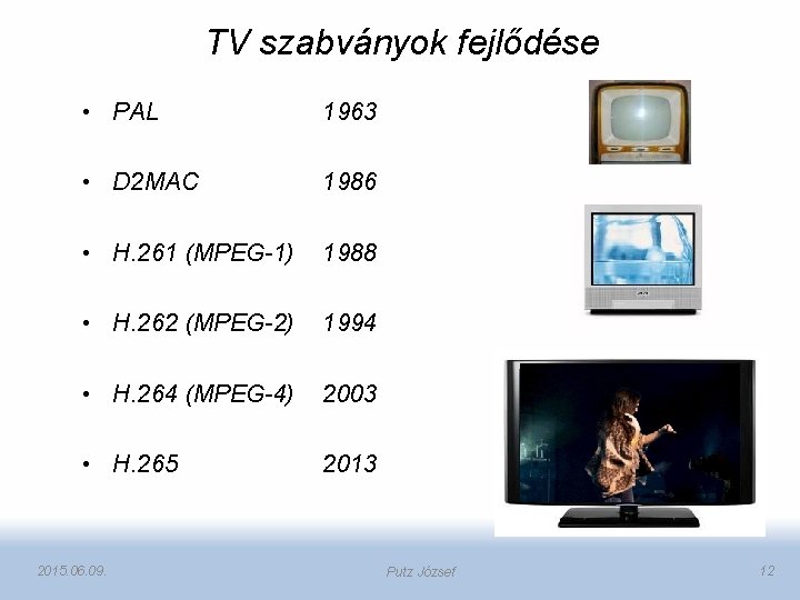 TV szabványok fejlődése • PAL 1963 • D 2 MAC 1986 • H. 261