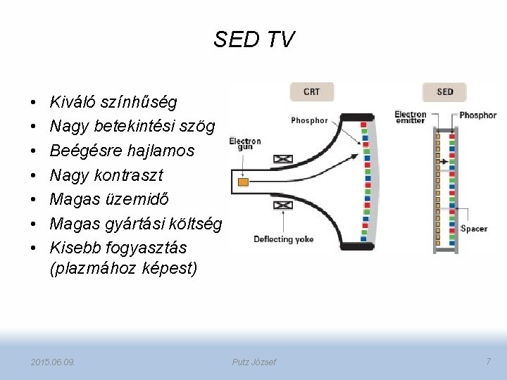 SED TV • • Kiváló színhűség Nagy betekintési szög Beégésre hajlamos Nagy kontraszt Magas