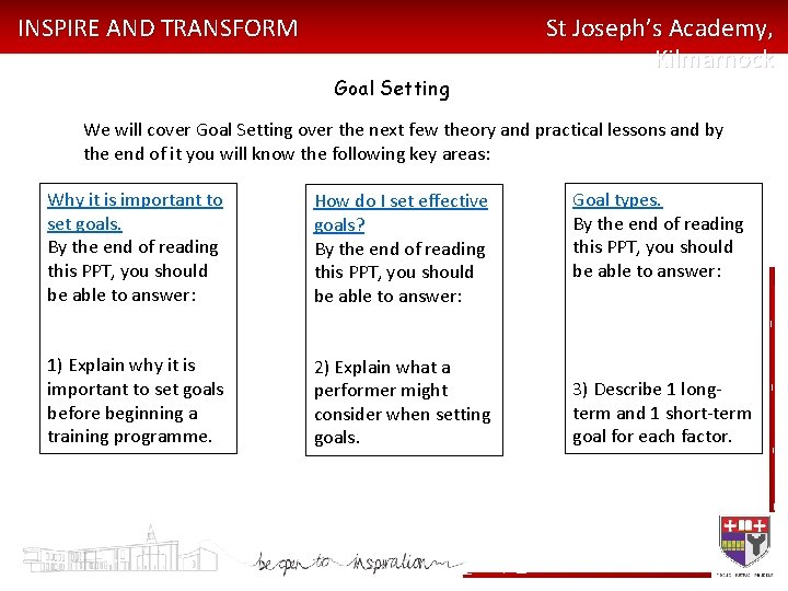 INSPIRE AND TRANSFORM Goal Setting St Joseph’s Academy, Kilmarnock We will cover Goal Setting