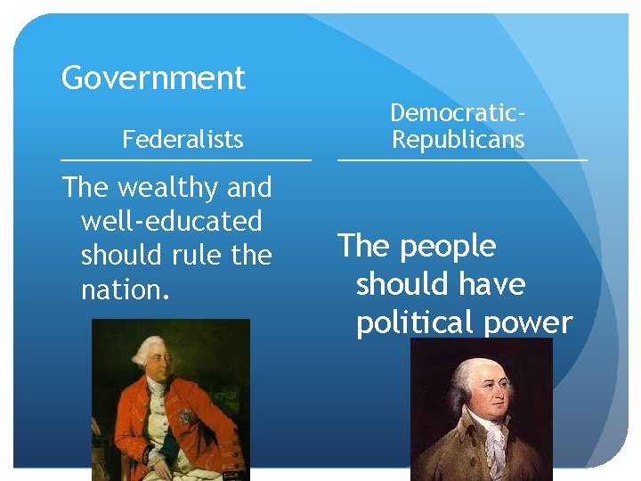 Government Federalists The wealthy and well-educated should rule the nation. Democratic. Republicans The people