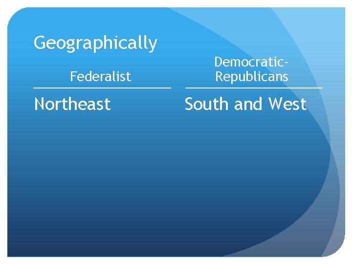 Geographically Federalist Northeast Democratic. Republicans South and West 